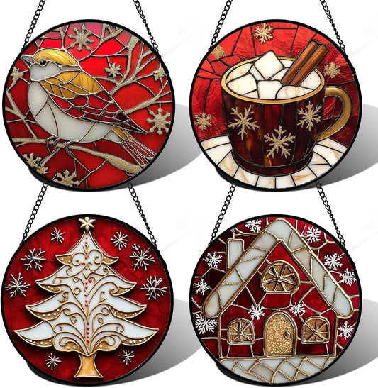 Stained Glass Window Hanging 4 Pcs Set Red Christmas Themed Decorations Large 11.8" - Suncatcher
