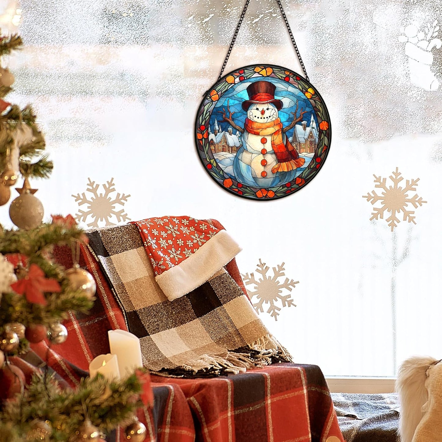 Christmas Snowman Suncatcher Stained Glass Window Hanging Decor, Winter Snowman Stained Glass Wall Decor, Christmas Garden Sun Catchers Indoor Window Hanging Wall Art, 7.9x7.9In