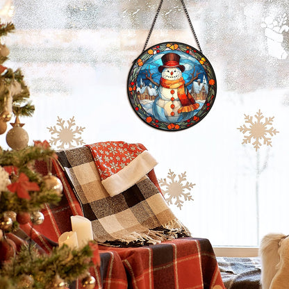 Christmas Snowman Suncatcher Stained Glass Window Hanging Decor, Winter Snowman Stained Glass Wall Decor, Christmas Garden Sun Catchers Indoor Window Hanging Wall Art, 7.9x7.9In