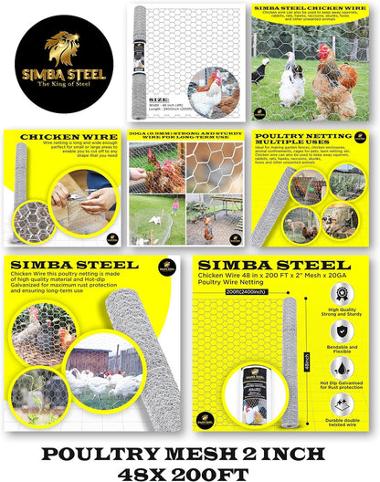 Chicken Wire 48 in x 200 FT x 2” Mesh x 20GA | Poultry Wire Netting | Hot Dipped Galvanized | Chicken Coop, Rabbit Cage, Fence Barrier (48 x 200 x 2)
