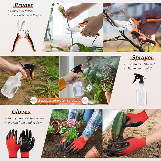 11 Pcs Garden Tools Set, HaSteeL Gardening Supplies Hand Tools Kit for Women Men Gardeners, Include Tote Bag, Reportting Mat, Transplant Trowel, Rake, Pruner for Outdoors