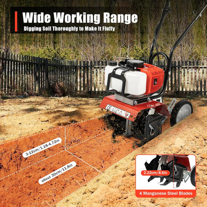 Gas Mini Tiller Cultivator 52CC 2 Stroke Gasoline Powered Soil Garden Cultivator 11.8" Tilling Width Soil Tilling Machine Farm Plant Garden Yard Lawn Tilling