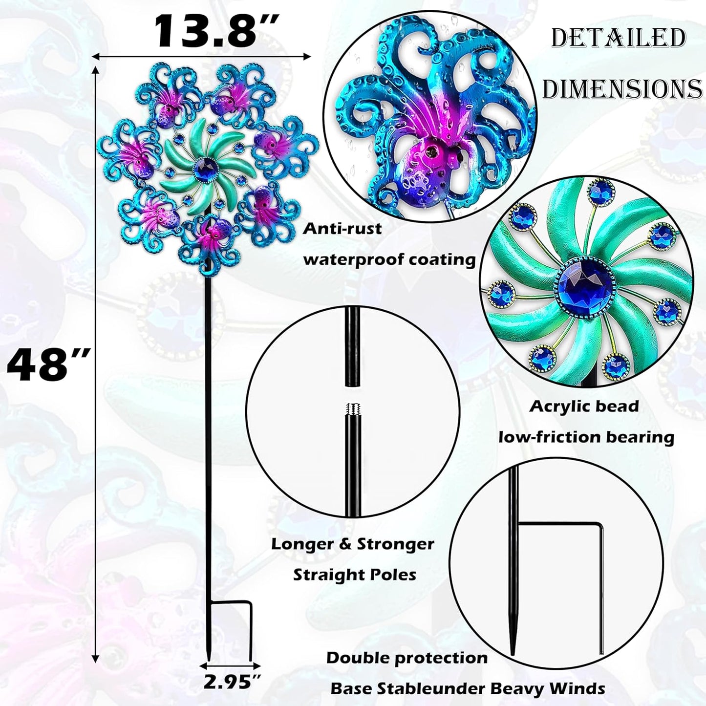 48" Octopus Wind Spinners for Yard and Garden,Ocean Theme Outdoor Decor with Metal Stake Yard Spinners,Wind Sculpture Decorations for Patio,Lawn & Garden