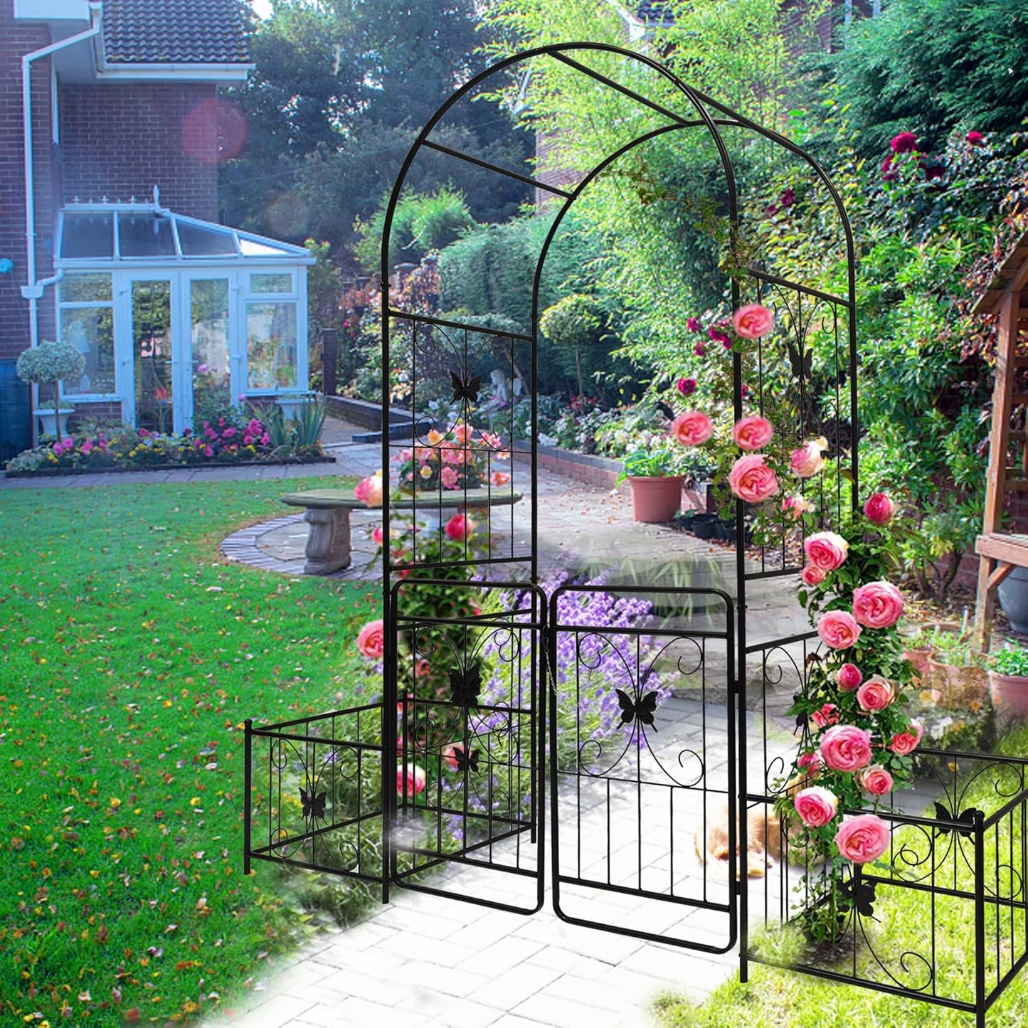 Metal Garden Arbor Arch with Gate and Plant Box, 86.6" H Garden Trellis for Outdoor Climbing Plants Garden Butterfly Decoration Support Roses Vines (Black Butterfly)