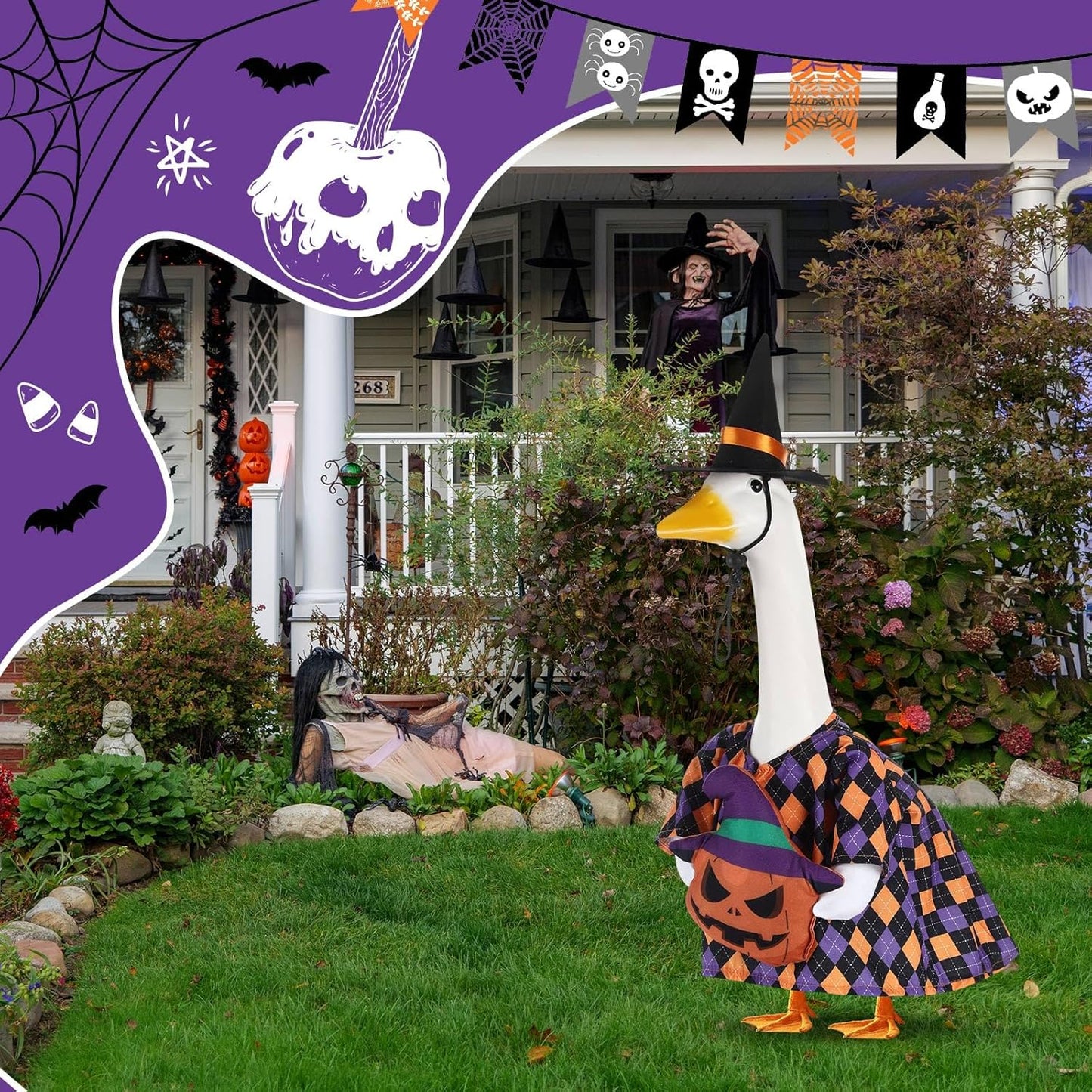 Sanwuta 1 Set Halloween Porch Goose Outfit Pumpkin Pillow Design with Witch Hat for 23" Lawn Cement Goose Porch Geese Clothes Costume for Halloween Garden Patio Yard Outdoor Decorations