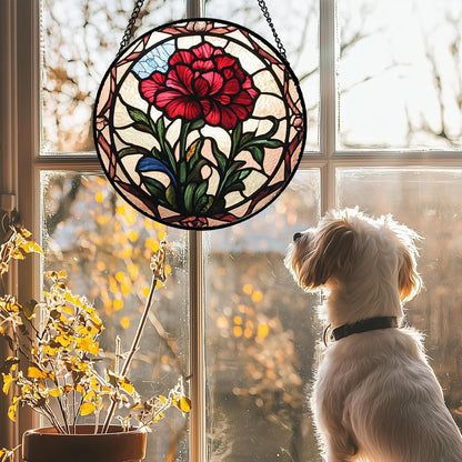 Stained Glass Window Hanging - Red Carnation Birth Flower Sun Catcher for Door Garden Home Decor Suncatcher Christmas Mother's Day Birthday Gifts for Women Men Mom Nana Friend Wife 6.3 in