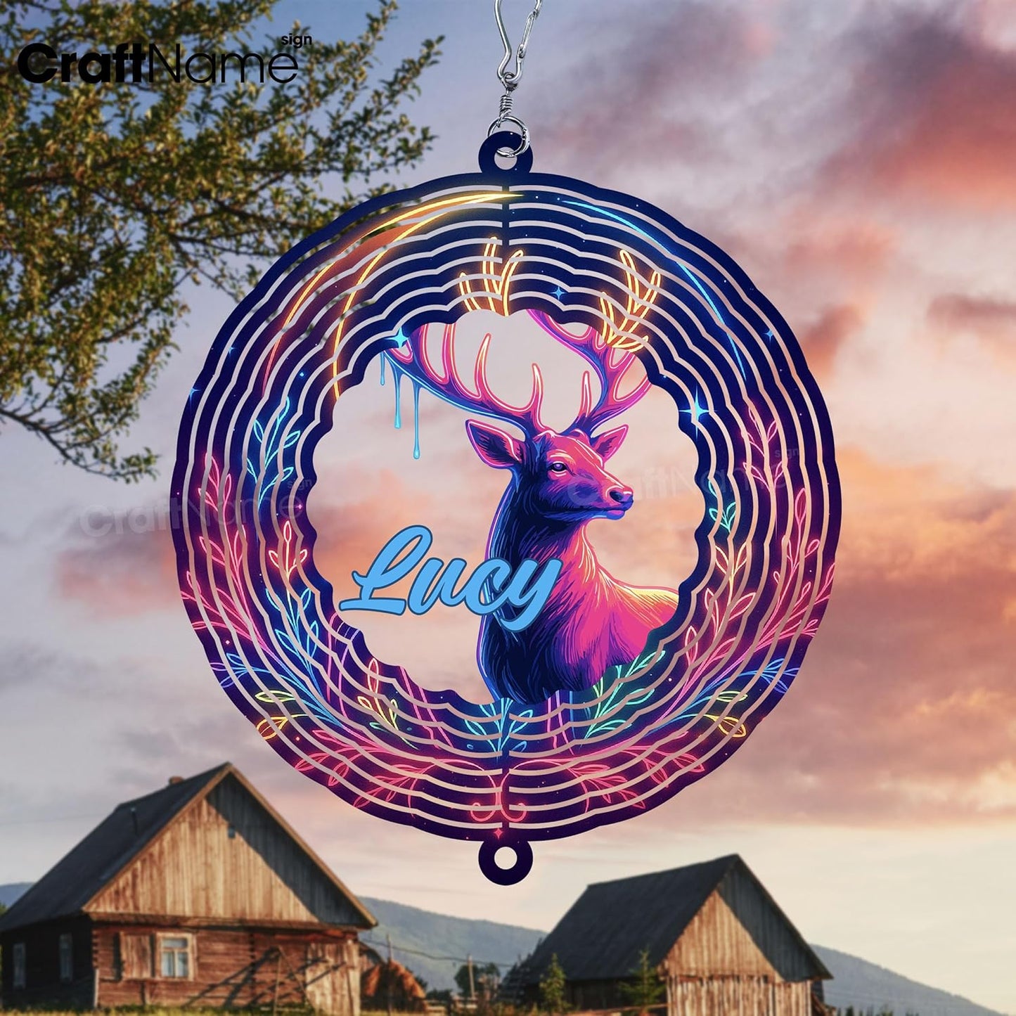 Personalized Deer Wind Spinner 3D Stainless Steel, Deer Garden Spinner Hanging Outdoor Decor, Wind Spinners Outdoor, Custom Gift for Grandmother, Mom, Wife