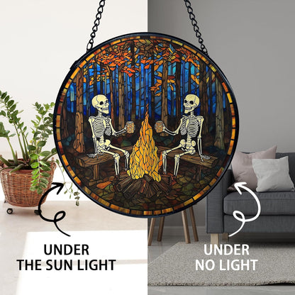 TNUW Halloween Fall Skeleton Stained Glass Window Hanging, Gothic Skeleton Autumn SunCatchers Indoor Window Glass Round Wall Art Decor, Halloween Fall Wall Hanging Decorations, 7.9＂x7.9＂