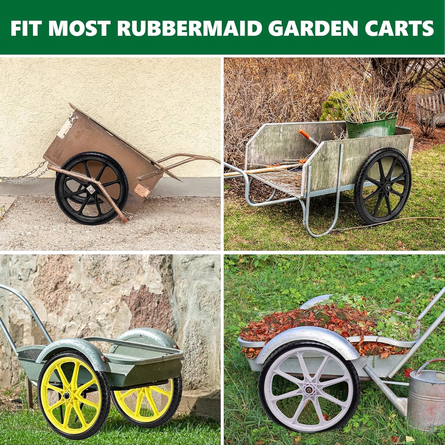 20" Flat Free Tire and Wheel with 3/4" & 5/8" Bearing, Replacement Wheels for Rubbermaid Wheelbarrow,Lawn Carts, Big Wheel Utility Carts and Garden Yard Cart, 2 Pcs Black