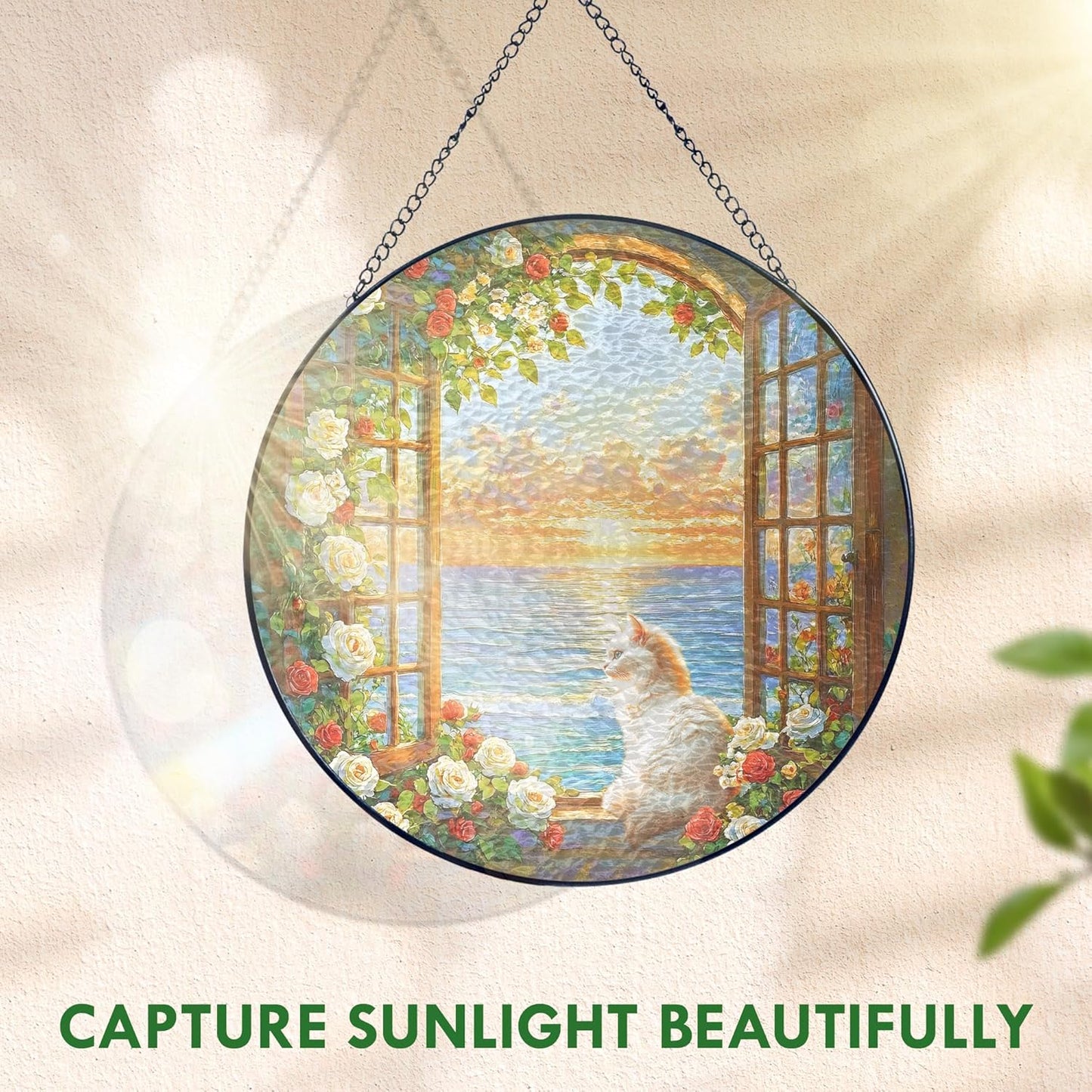 FLAGWIX Christmas Cat Gifts for Women - Stained Glass Window Hanging 8 in - Beach Gifts for Women Mom Grandma, Gift for Cat Lovers, Suncatcher Holiday Christmas Decorations for Home, Coastal Decor