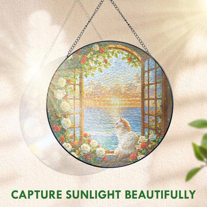 FLAGWIX Christmas Cat Gifts for Women - Stained Glass Window Hanging 10 in - Beach Gifts for Women Mom Grandma, Gift for Cat Lovers, Suncatcher Holiday Christmas Decorations for Home, Coastal Decor