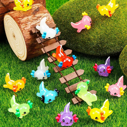 64Pcs Luminous Mini Resin Axolotl 8 Colors Glow in The Dark Small Little Resin Axolot to Hide Bulk Miniature Plastic Animal Figures for Micro Landscape Dollhouse Fairy Garden Aquarium Potted DIY Decor