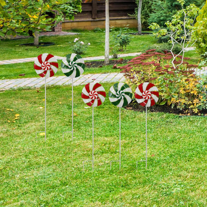 5pcs Wind Spinners Metal Colorful Flowers Garden Stake, Christmas Lollipop Pinwheels, 27" Metal Windmill Yard Art Outside Decorations, Lawn Ornaments Outdoor Garden Décor