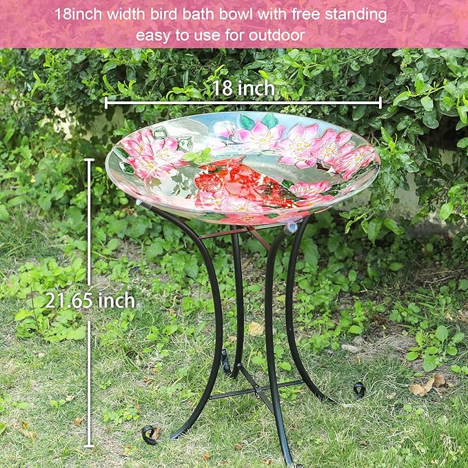 MUMTOP Outdoor Glass Birdbath with Metal Stand for Outside Lawn Yard Garden Cardinal Decor,18??Dia/21.65 Height