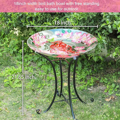 MUMTOP Outdoor Glass Birdbath with Metal Stand for Outside Lawn Yard Garden Cardinal Decor,18??Dia/21.65 Height