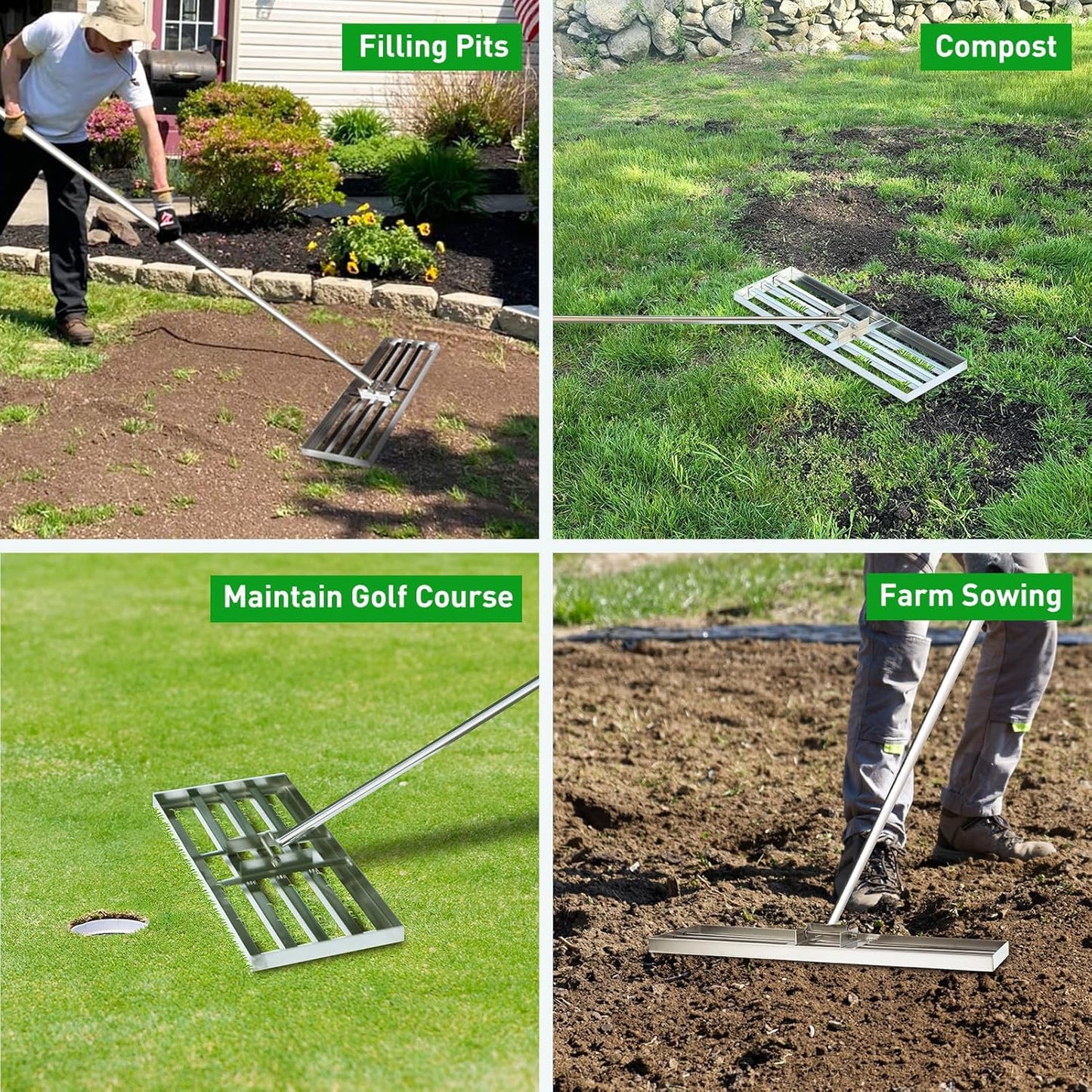 GreatBuddy Lawn Leveling Rake 30'' x 10", Heavy-Duty Stainless Steel Lawn Leveling Tool for Lawn, Soil, Sand, 78'' Extra Long Handle, Ideal for Yard, Garden