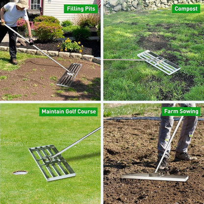 GreatBuddy Lawn Leveling Rake 30'' x 10", Heavy-Duty Stainless Steel Lawn Leveling Tool for Lawn, Soil, Sand, 78'' Extra Long Handle, Ideal for Yard, Garden
