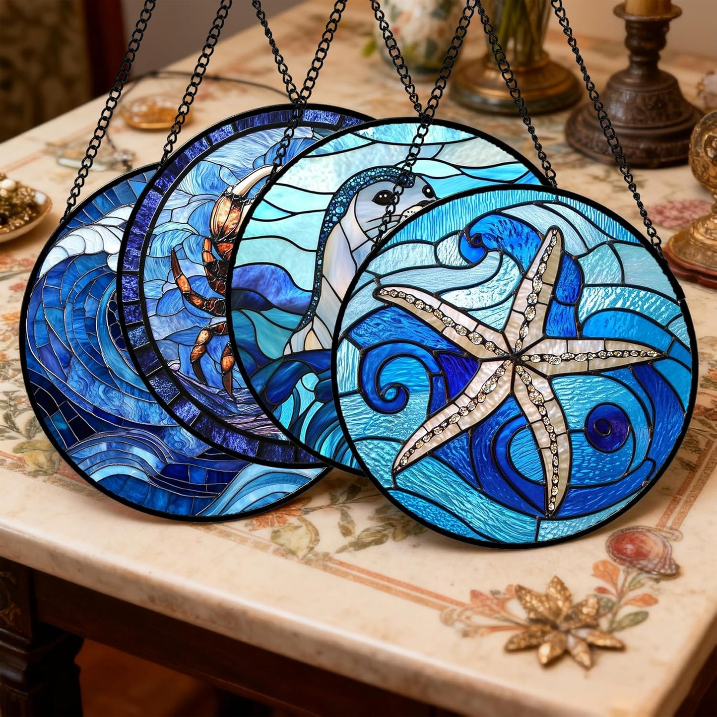 Stained Glass Window Hanging 4 Pcs Set Blue Ocean Waves 9.8" - Starfish Crab Seal Suncatcher Door Garden Sun Catcher Decor Birthday for Mom Woman Nana Men Friend