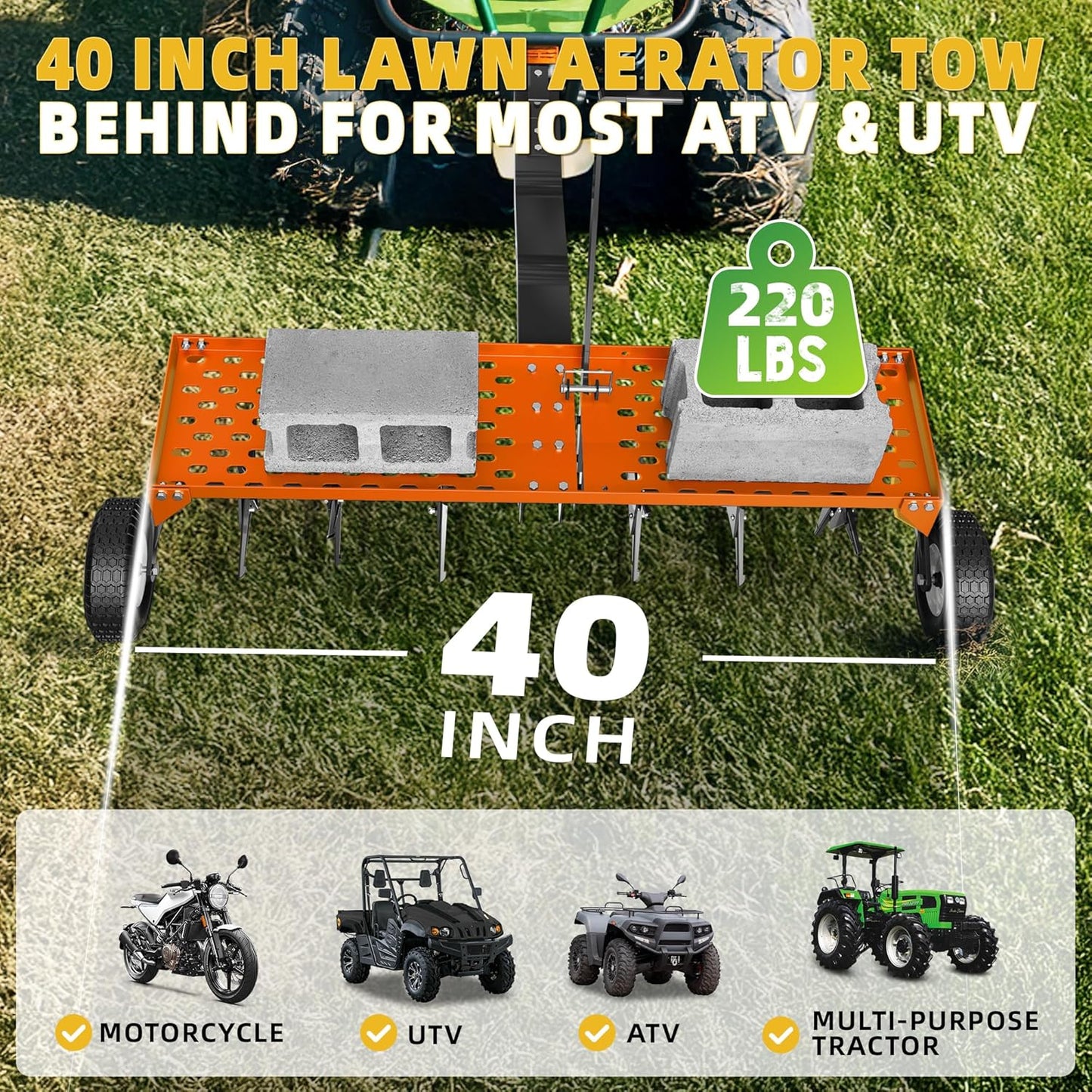 40" Lawn Aerator Tow Behind, Pull Behind Aerator with Universal Hitch, 24 Galvanized Steel Tines, Tray and Pneumatic Tires, Plug Behind Aerator is Suitable for Gardens, Lawns and Farms