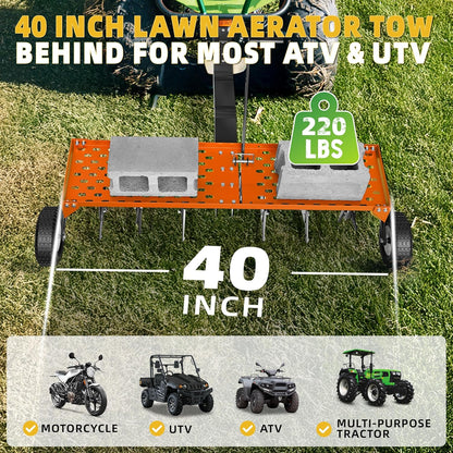 40" Lawn Aerator Tow Behind, Pull Behind Aerator with Universal Hitch, 24 Galvanized Steel Tines, Tray and Pneumatic Tires, Plug Behind Aerator is Suitable for Gardens, Lawns and Farms