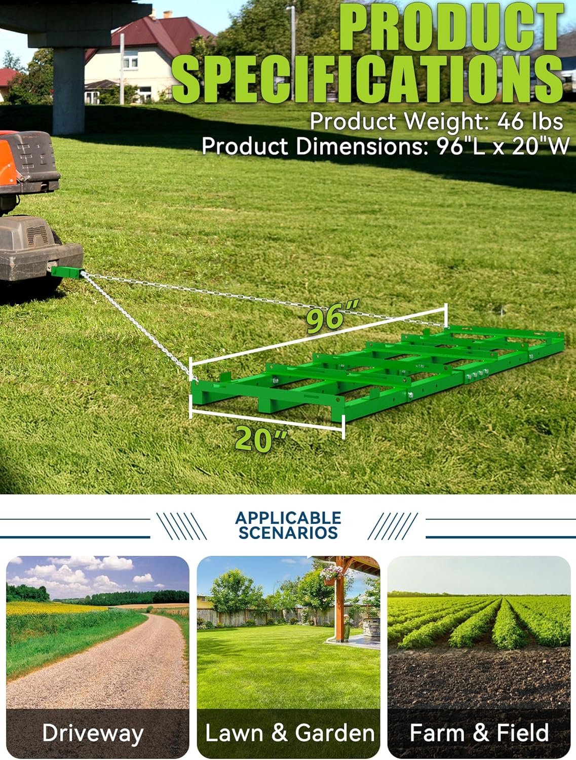 8ft Heavy Duty Drag Harrow for ATV, UTV, Tractor - Adjustable Tow Behind Leveling Rake with Weight Tray for Driveway Grader, Lawn, Field, Pasture, Food Plot Maintenance, Green(96 inch)