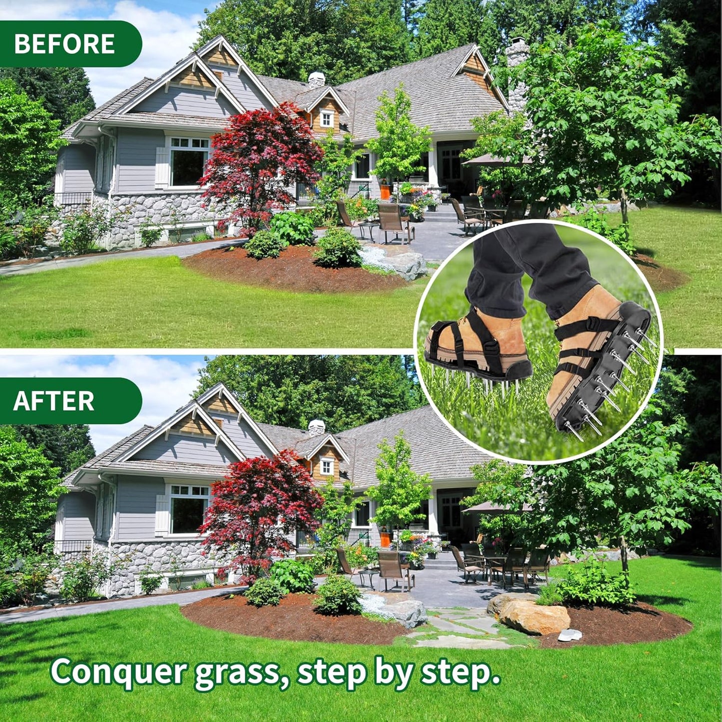 The Lawn Aerator Shoes for Grass, Epoxy Spiked Shoes with 1.65'' Sharp Short Spikes, Garden Grass Loosening Spike Shoe for Epoxy Flooring, 6 - Shoelace Design (Black, 11.8'' x 5.1'')