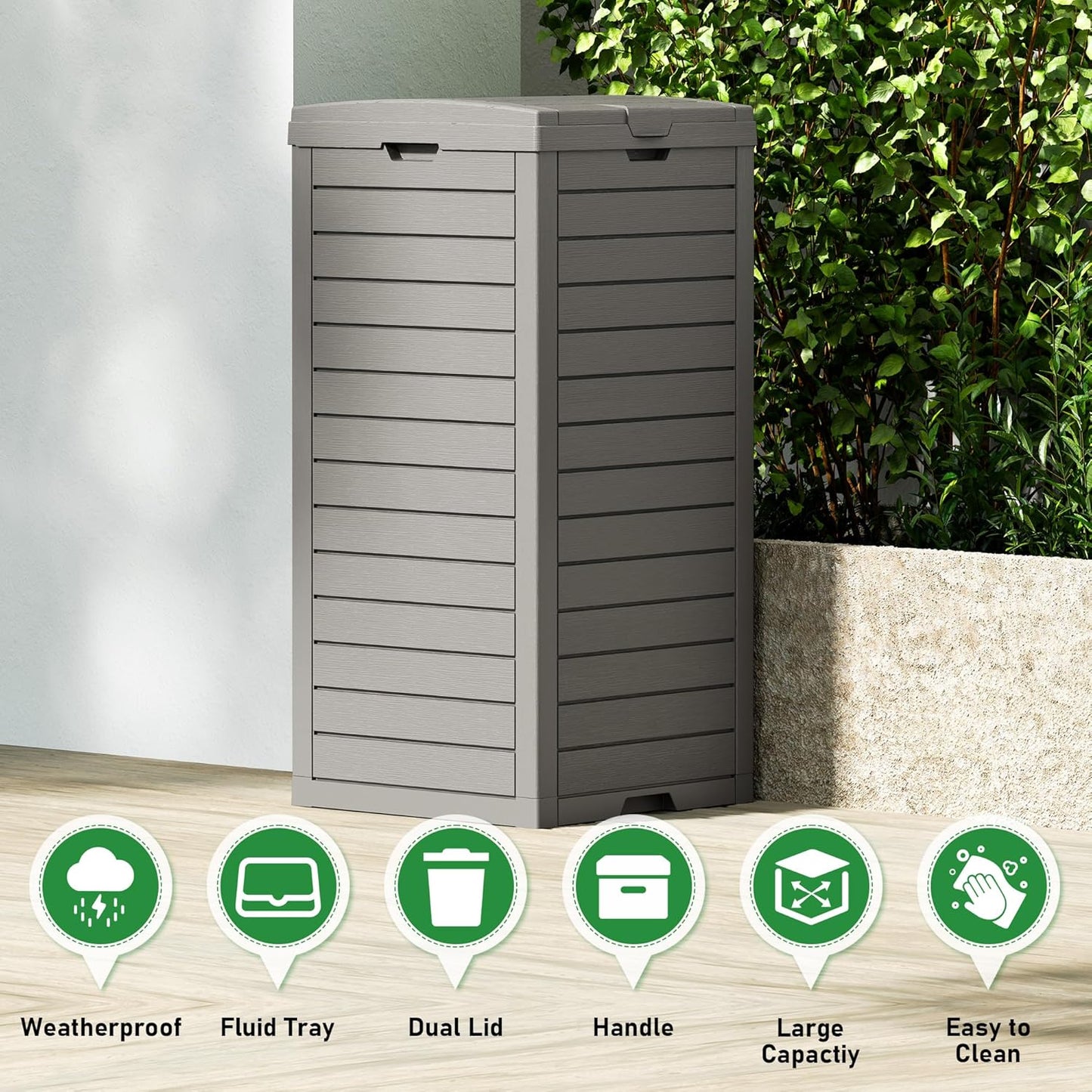 31 Gallon Outdoor Trash Can, Waterproof Resin Garbage Can with Lid and Drip Tray Easy Cleaning Kitchen Waste Bin Patio Waste Bin for Garden, Backyard, Deck and Office, Gray