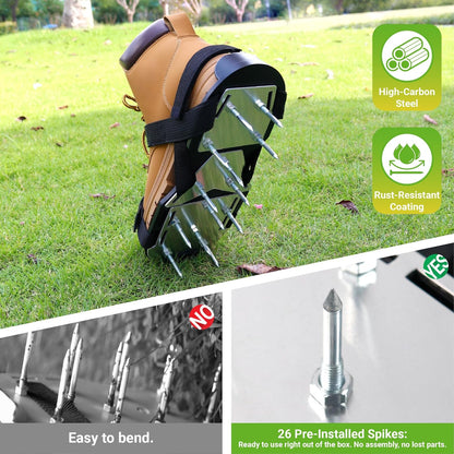 Lawn Aerator Shoes for Grass – Pre-Assembled Aerator Shoes with Anti-Slip Straps, Metal Reinforced Base Plate & Cleaner for Lawn, Yard, Garden, Patio