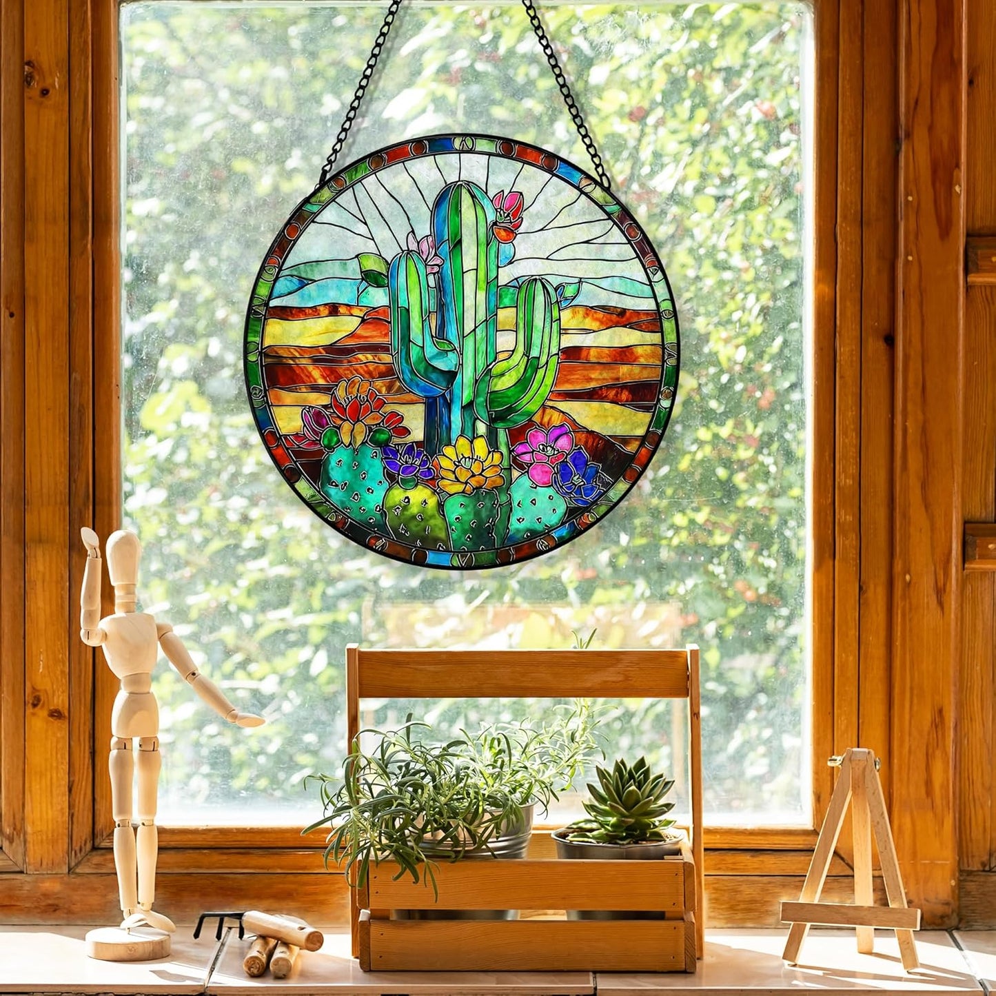 Cactus Suncatcher Stained Glass Garden Window Hanging, Southwestern Desert Cactus Flower Sun Catchers Indoor Window Glass Round Wall Decor, Southwestern Wall Art Hanging Decorations, ＂7.8x7.8＂