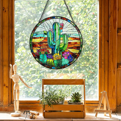Cactus Suncatcher Stained Glass Garden Window Hanging, Southwestern Desert Cactus Flower Sun Catchers Indoor Window Glass Round Wall Decor, Southwestern Wall Art Hanging Decorations, ＂7.8x7.8＂
