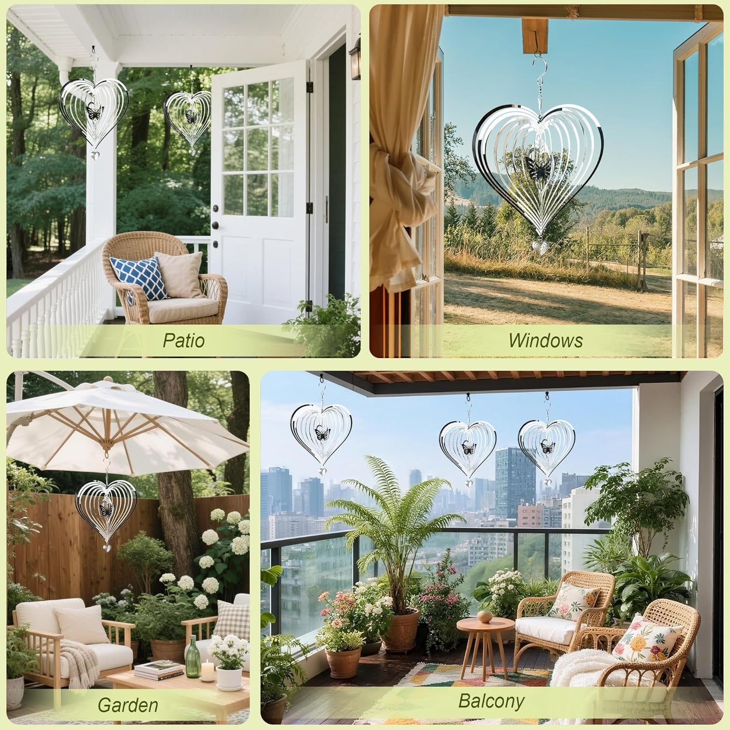 HOOSUN Metal Wind Spinners Outdoor for Yard and Garden Decor,Reflective Bird Deterrents for Outside Windows Patio Porch,Stainless Steel 3D Hanging Heart Butterfly Wind Spinners Gifts for Mom Women