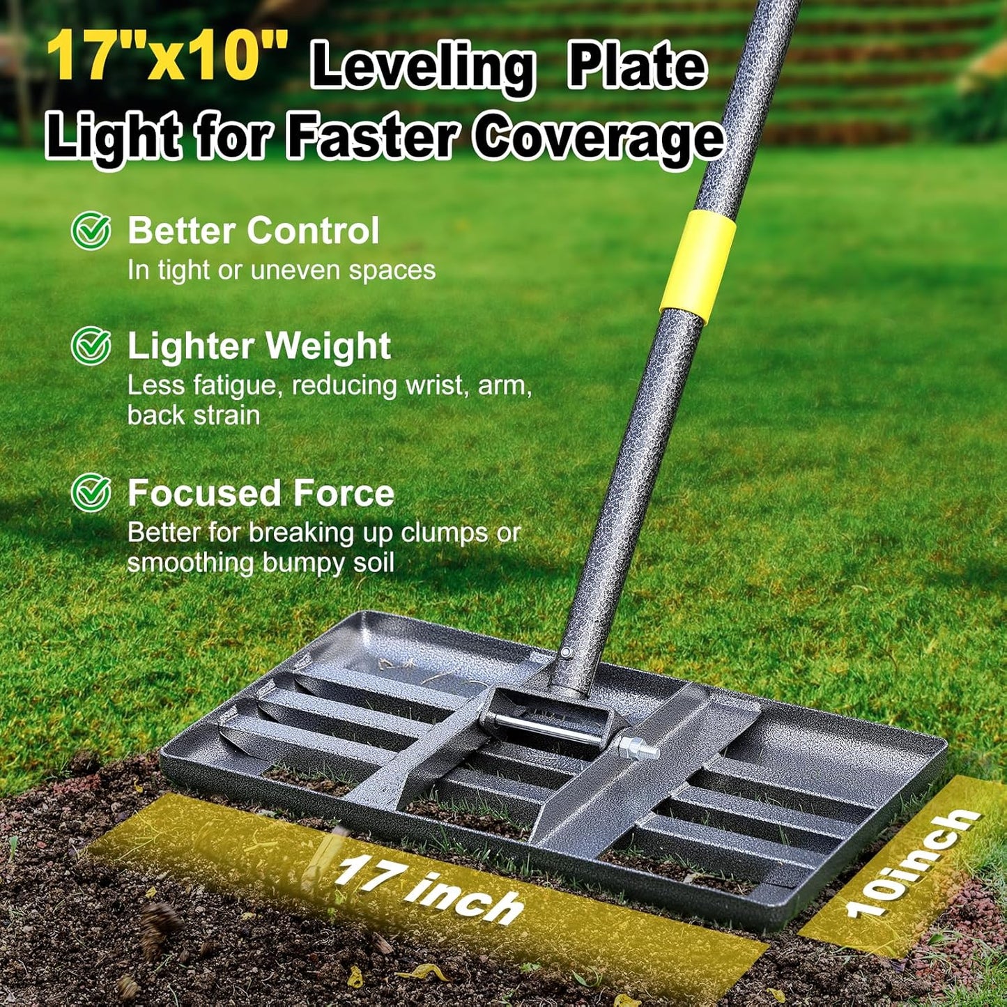 Lawn Leveling Rake: Anti Flipping 17" x 10" Stainless Steel Lawn Ground Leveler for Soil, Heavy Duty Grass Top Soil Dressing Leveling Rake, Home Lawn,Golf Field,Yard Landscaping Tool, 60” Long Handle