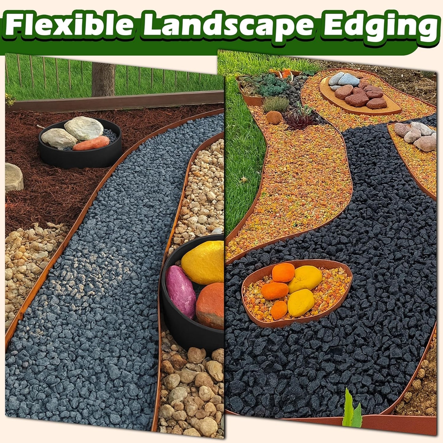 Gardzen Landscape Edging Kit, 60-Foot Long, 3-Inch Tall, No Dig Garden Edging Border for Flower Beds, Tree Rings, Pathways, Includes 60 Spikes, Brown