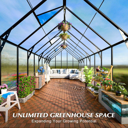 10'x10'x24' Snap-Together Greenhouse - Easy 3-Way Connectors, Heavy-Duty Aluminum Frame, Wind/Snow Resistant for Gardening/Urban Farming, Includes Sliding Door & Ventilation Windows