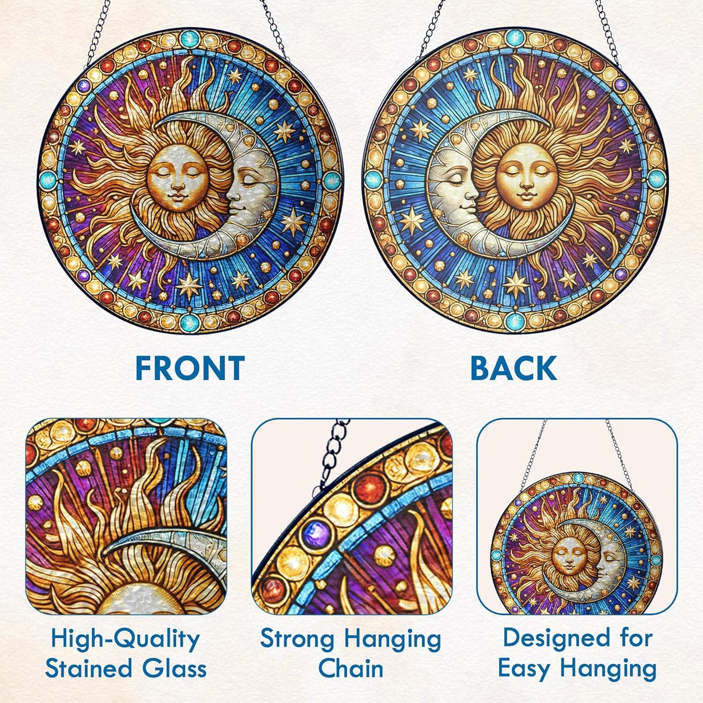 FLAGWIX Christmas Spiritual Gifts for Women Men - Stained Glass Window Hanging 8 in for Sun and Moon Decor - Sun Catchers Indoor Window, Boho Suncatchers for Celestial Decor, Christmas Decorations