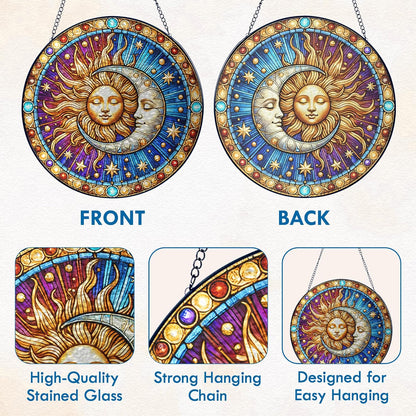 FLAGWIX Christmas Spiritual Gifts for Women Men - Stained Glass Window Hanging 8 in for Sun and Moon Decor - Sun Catchers Indoor Window, Boho Suncatchers for Celestial Decor, Christmas Decorations