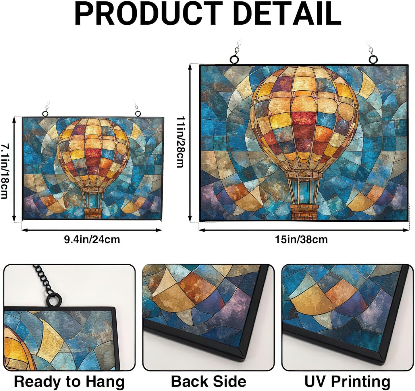 Personalized Rectangle Boho Hot Air Balloon Stained Glass Suncatcher Window Hanging, Gothic Christmas Ornaments for Fiction Lovers, Dinosaur Room Decor for Nursery New Home Gifts