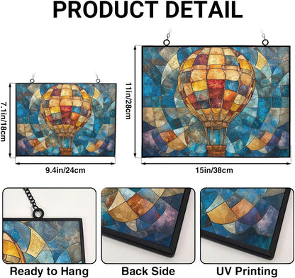 Personalized Rectangle Boho Hot Air Balloon Stained Glass Suncatcher Window Hanging, Gothic Christmas Ornaments for Fiction Lovers, Dinosaur Room Decor for Nursery New Home Gifts