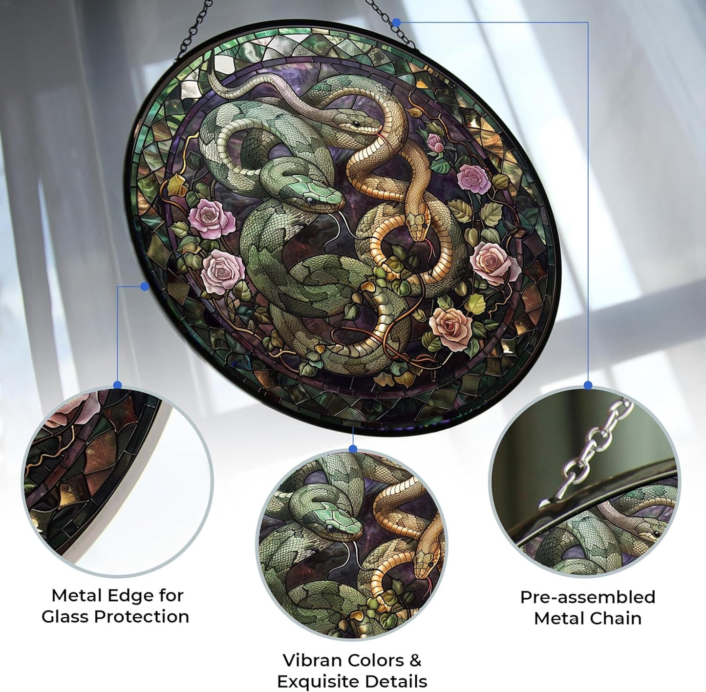 Valentine Dark Pair of Snakes Stained Glass Suncatcher Window Hangings, Suncatchers Colorful Glass Panel Sun Catchers Gifts, Decoration for Home Garden Christmas Party Wedding