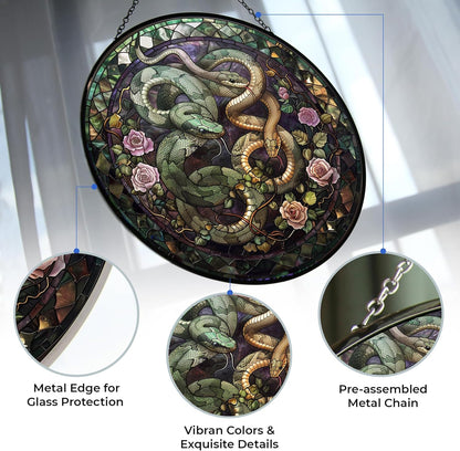 Valentine Dark Pair of Snakes Stained Glass Suncatcher Window Hangings, Suncatchers Colorful Glass Panel Sun Catchers Gifts, Decoration for Home Garden Christmas Party Wedding