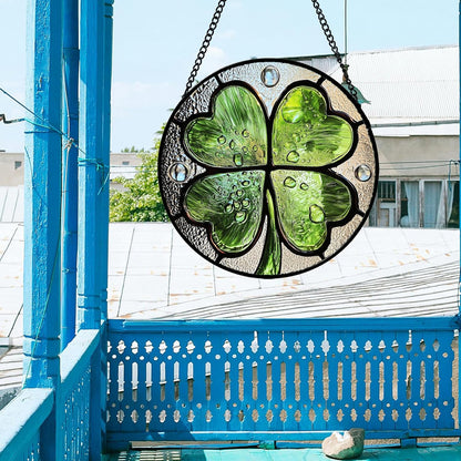Stained Glass Window Hanging, Green Silver 4 Leaf Clover Sun Catcher for Window Door Home Decor Plant Suncatcher Christmas Mother's Day Birthday Gifts for Women Men Mom Nana 15 in