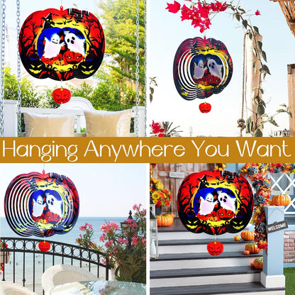Halloween Pumpkin Wind Spinner - Outdoor Metal Decor with Spinning Ghosts & Bats, 3D Spooky Garden Art Ornaments Decorations for Halloween Party, Patio and Porch Gift 12 Inch