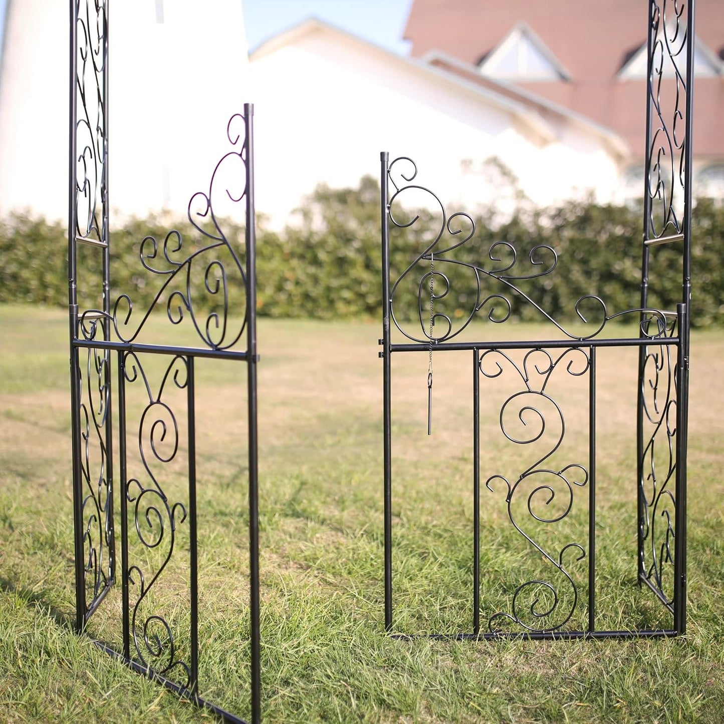 Steel 7'5'' High x 4'2'' Wide Garden Arch with Gate, Garden Arbor for Various Climbing Plant, Outdoor Garden Lawn Backyard