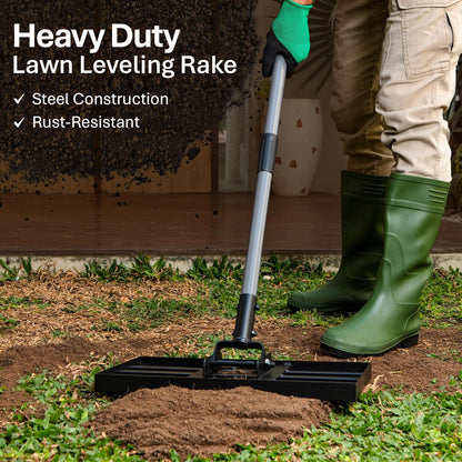 Lawn Leveling Rake with Work Gloves - Heavy-Duty Yard Leveling Rake - 17" X 10" Lawn Leveler Rake with 6.5ft Adjustable Pole - Quick to Assemble Rakes for Lawns and Garden