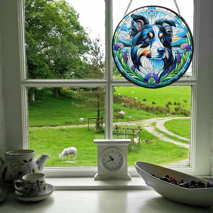 Stained Glass Dog Memorial Suncatcher,Border Collie Window Hanging,Sympathy Gifts for Pet Loss,7.9 inch/20 cm Home and Garden Decor for Dog Lovers (Border Collie)