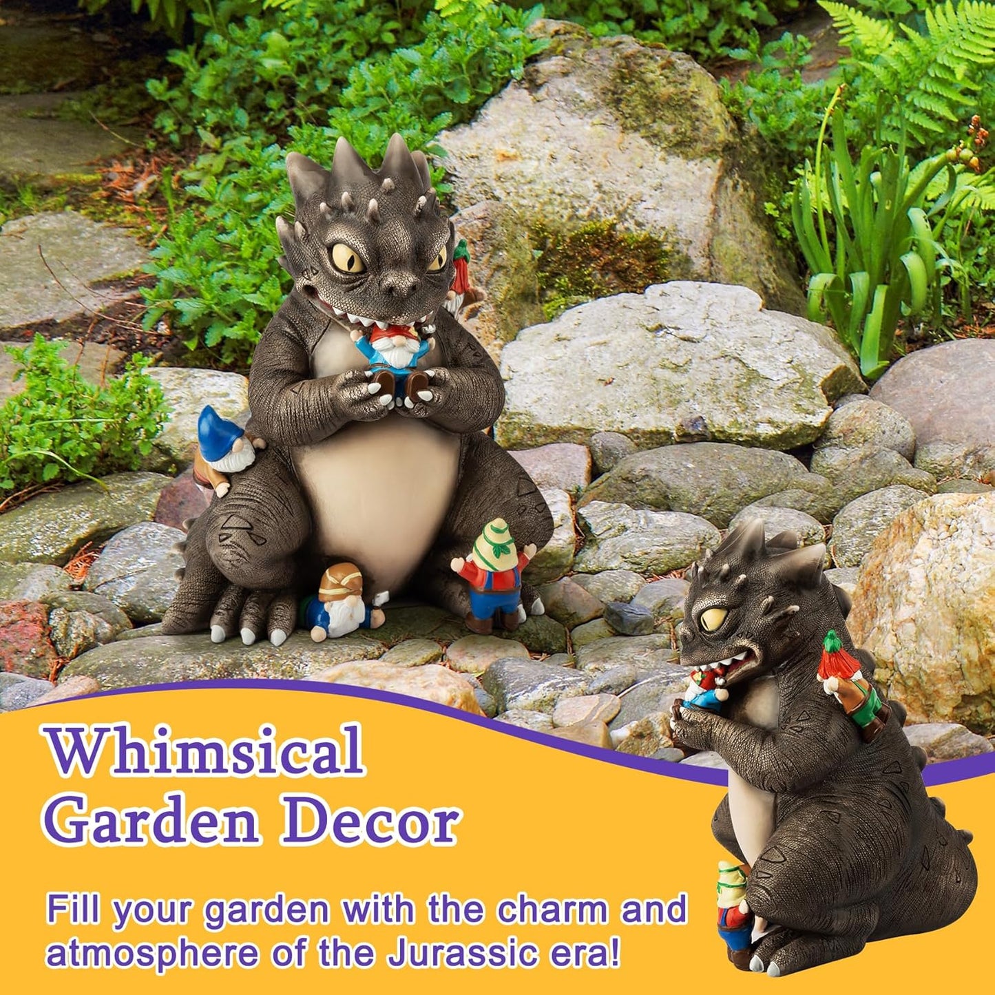Garden Decor Statue, Dinosaur Eating Gnomes Garden Statues Outdoor Decor, Funny Monster Gnome Figurine Outside Clearance for Patio Yard Decorations Gift