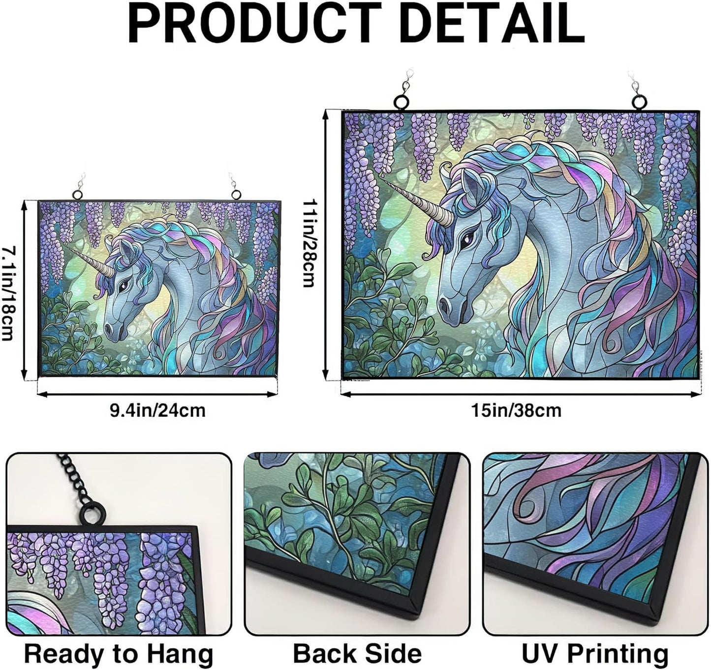 Personalized Rectangle Art Nouveau Wisteria Unicorn Stained Glass Window Hangings Stained Glass Suncatcher Birthday Gift for Mom Grandma Teacher Women Friend Memorial Hook