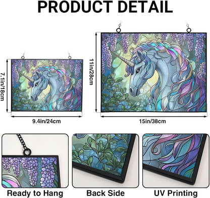 Personalized Rectangle Art Nouveau Wisteria Unicorn Stained Glass Window Hangings Stained Glass Suncatcher Birthday Gift for Mom Grandma Teacher Women Friend Memorial Hook