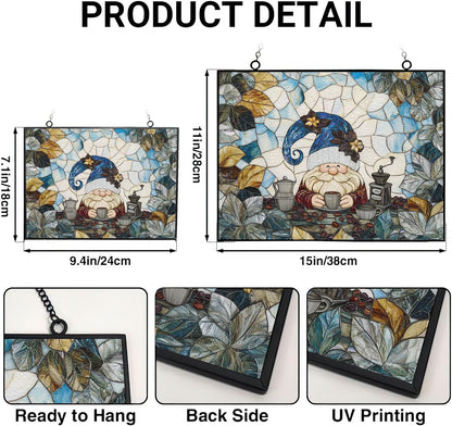 Rectangle Coffee Gnome Stained Glass Window Hanging Customized Suncatcher Glass Panel with Metal Chain Sun Catchers Wall Art Home Decor Gift for Women Mother's Day