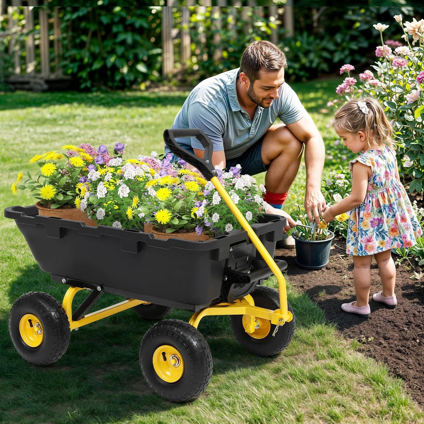 800lb Garden Dump Cart,Utility Wagon Wheelbarrows with Quick-Release System&4 Pneumatic Tires,Heavy Duty Yard Dump Wagon with Steel Frame for Yard,Farm,Garden and Christmas Hauling (Yellow)